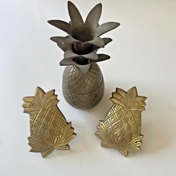 Other - Brass‎ Pineapple Decor Lot *(1) Trinket Box (2) Napkin Rings Made in India